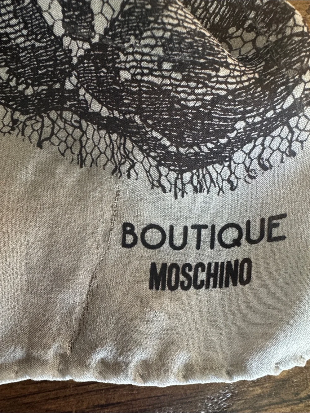 NWT Boutique Moschino Luxury Silk Scarf Black Gray Romantic Floral Lace Motif